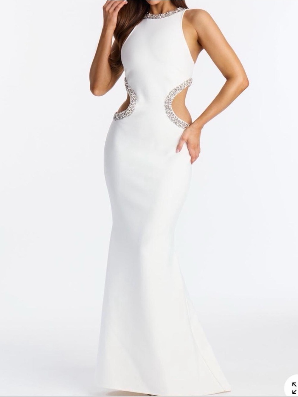 Fashion Nova White Jeweled Cutout Long Sleeve Gown